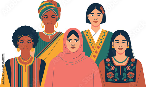 Five diverse women proudly showcase their unique cultural heritage and traditional attire standing together