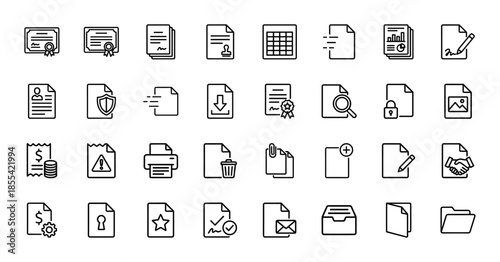 Business and office document line icon set. Vector pictograms of certificate, contract, report, spreadsheet, resume, print, folder, and email, thin outline illustration.