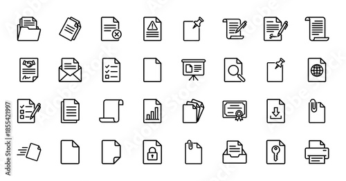 Business document line icon set. Vector pictograms of folder, checklist, contract, presentation, certificate, archive, printer, and file management, outline illustration.