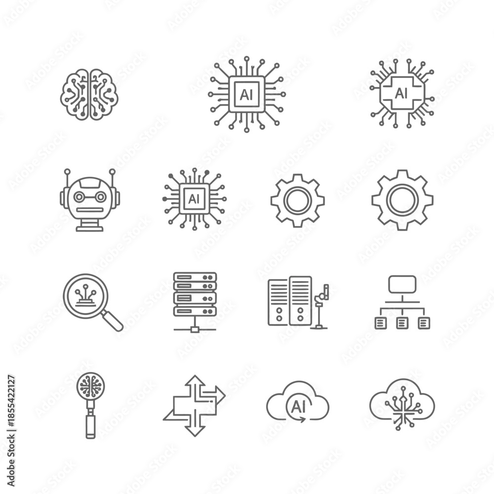 Fototapeta premium Artificial Intelligence, Data Science, and Computing Technology Line Icons Set
