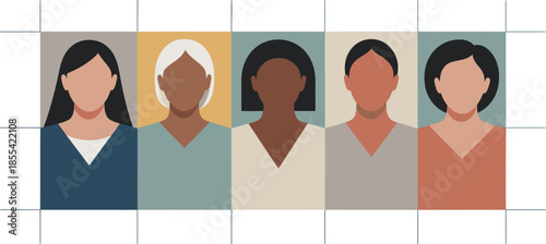 Five womens busts with varied skin tones and hairstyles placed within colored squares