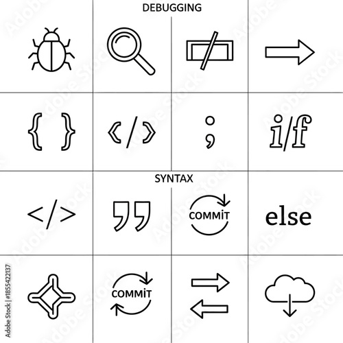 Software Development and Programming Outline Icons Set: Debugging, Syntax, Version Control, Coding Symbols, and Data Flow.