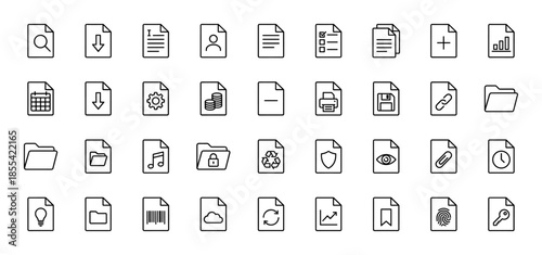 Document management line icon set. Vector pictograms of folder, cloud, search, calendar, settings, print, lock, music, and statistics, thin outline illustration.