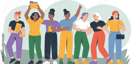 Seven diverse women standing together displaying items and gestures representing social activism and protest