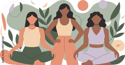 Three diverse women practicing wellness activities including yoga and meditation in a serene natural setting