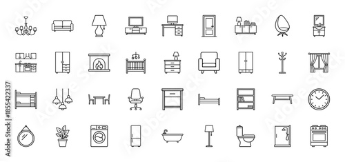 Home furniture line icon set. Vector pictograms of sofa, lamp, bed, kitchen, table, chair, closet, refrigerator, desk, shower, and bathtub, thin outline illustration.