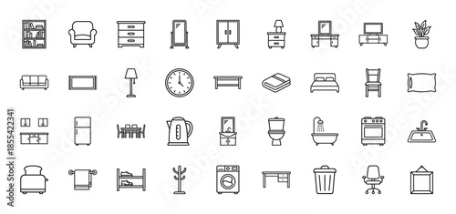 Home furniture line icon set. Vector pictograms of sofa, bed, chair, lamp, bookcase, desk, table, wardrobe, kitchen stove, bath, sink, and fridge, thin outline illustration.