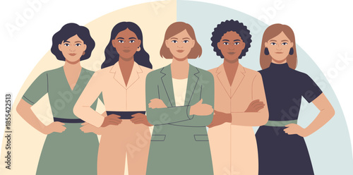 A diverse group of five professional women stand together confidently in business casual attire