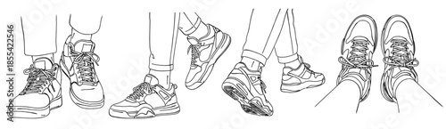 厚底スニーカーを履いた足元の線画イラスト｜歩く・アクティブ