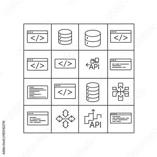 Minimalist Development and Data Architecture Line Icons Set, including Database, Coding, and API Symbols.