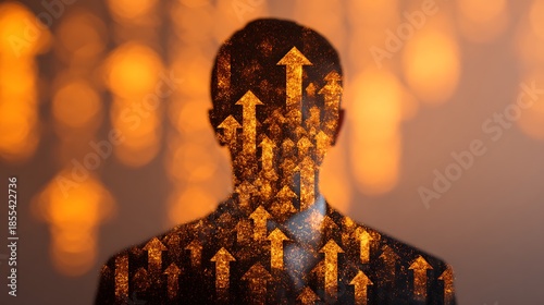 A silhouette of a person with a vibrant, upward-facing arrow pattern overlay, symbolizing growth and progress.