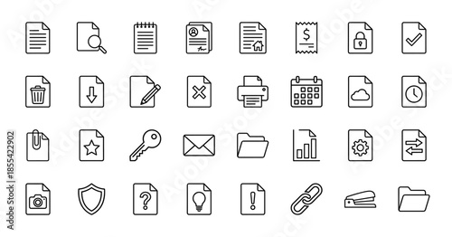 Business and document management line icon set. Vector pictograms of paper, folder, calendar, mail, chart, search, cloud, and security, thin outline illustration.