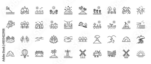 Landscape and nature line icon set. Vector pictograms of mountains, waves, forest, desert, waterfall, volcano, windmill, lighthouse, and farm, thin outline illustration.