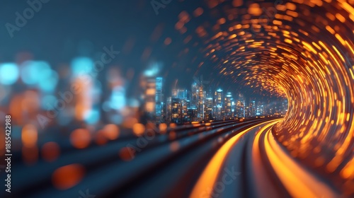 A futuristic cityscape viewed through a glowing tunnel, featuring swirling lights and a dynamic sense of motion, suggesting advanced technology and urban life.