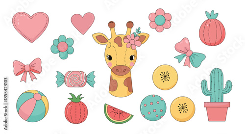Adorable collection of cute, kawaii-style baby clipart with a stitched patch effect, featuring a giraffe, hearts, fruit, and flowers.