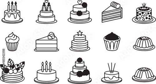 Elegant black and white hand-drawn icon set featuring various celebration cakes, cupcakes, and sweet desserts in a clean line art style for graphic design