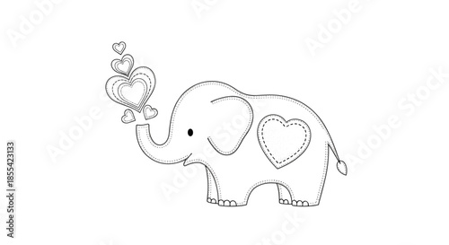 Adorable baby elephant coloring page with stitched patch details, blowing a cascade of loving hearts from its uplifted trunk.