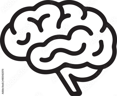 Black and white outline of a human brain with detailed gyri and sulci