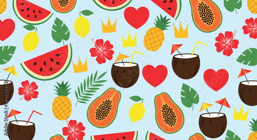 Vibrant and seamless tropical summer pattern featuring watermelon, pineapple, coconut drinks, and hearts on a light blue background.