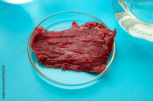 Food engineering, lab grown beef and the diet of the future concept with meat in glass petri dish isolated on blue background in science laboratory