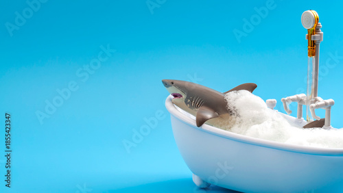 Shark in Bathtub Bubble Bath Concept Surreal Bathroom Scene on Blue Background with Copy Space