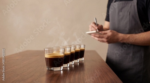 Barista writing notes behind row of steaming espresso shots on table.