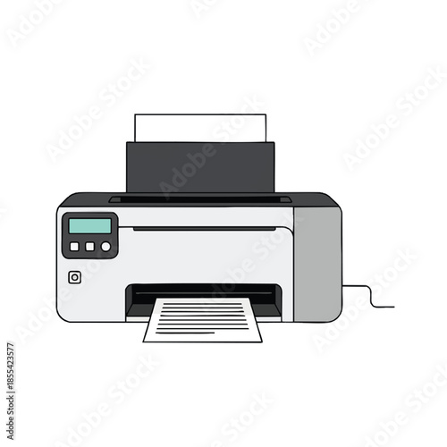 A simplified, cartoon-style printer shows paper output with a connected cable