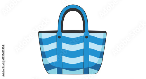 Simple flat design illustration of a blue and white striped beach tote bag, perfect for summer vacation and seaside accessory concepts.