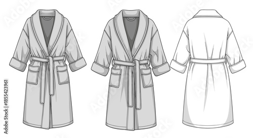 Detailed fashion design technical sketch of a classic belted bathrobe, showing the front, back, and a filled-in gray-scale version.