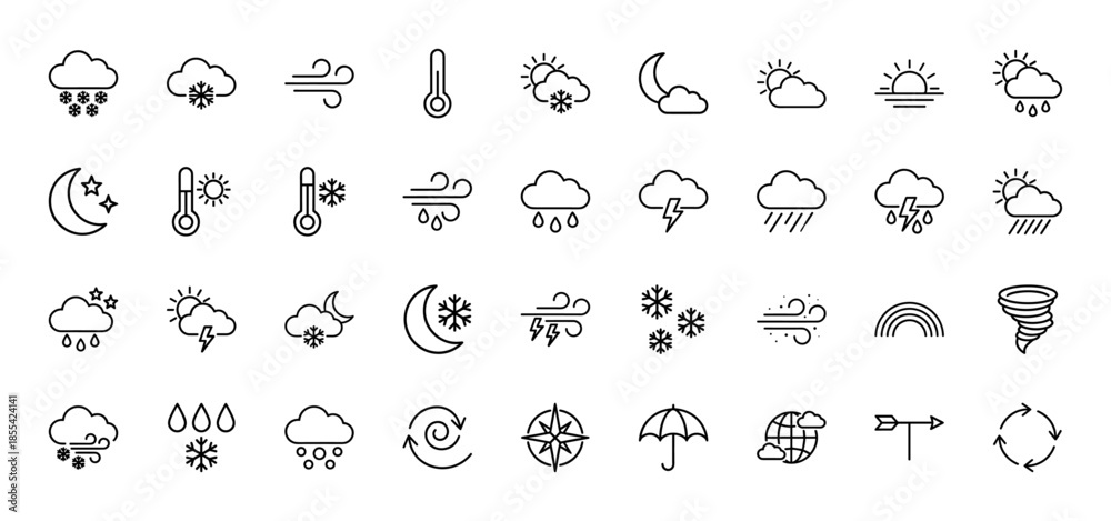 Fototapeta premium Weather line icon set. Vector pictograms of sun, cloud, rain, snow, storm, wind, thermometer, moon, lightning, tornado and umbrella, thin outline illustration.