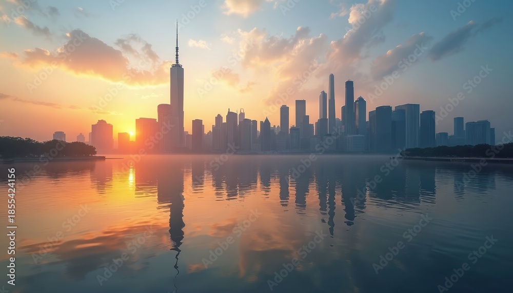 Obraz premium Sunrise over calm water reflects modern city skyline skyscrapers. Orange sky clouds mirror on sea surface. Peaceful urban morning awakens tall glass towers.