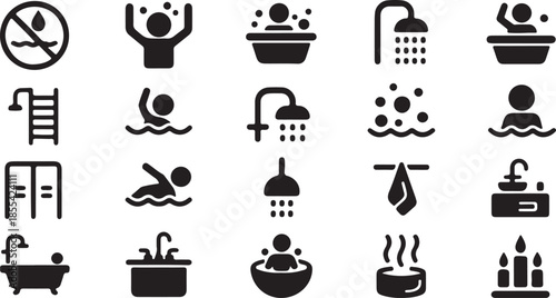 A Collection of 20 Black and White Icons Representing Bathroom and Hygiene Activities