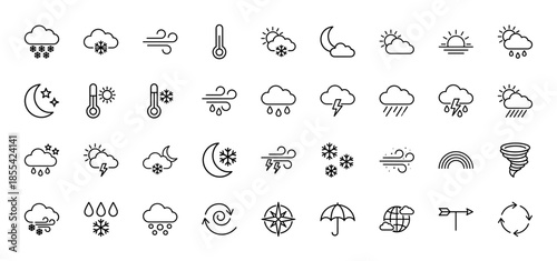 Weather line icon set. Vector pictograms of sun, cloud, rain, snow, storm, wind, thermometer, moon, lightning, tornado and umbrella, thin outline illustration.