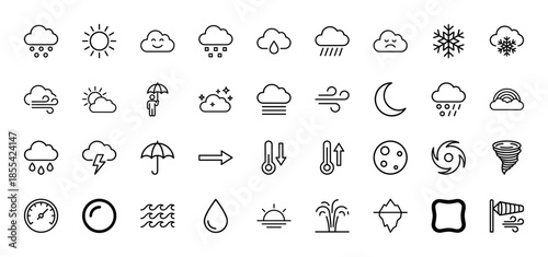 Weather and meteorology icon set. Vector pictograms of clouds, sun, rain, snow, wind, temperature, storm, moon, and tornado, thin line style illustration.