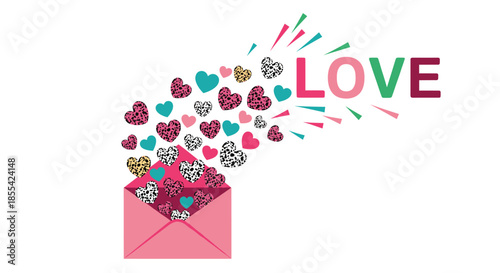 Explosion of colorful and leopard-print hearts flying out of a pink envelope next to the word 'LOVE' for a vibrant valentine greeting.
