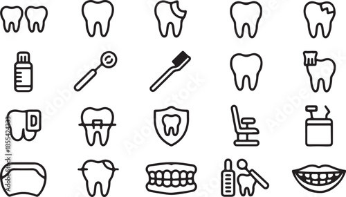 A Collection of Black and White Dental Icons Representing Oral Health and Dentistry