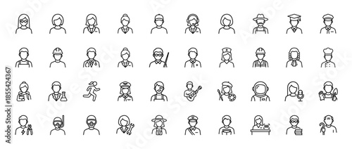 Professional and community career line icon set. Vector pictograms of doctor, chef, astronaut, teacher, nurse, farmer, scientist, and pilot, thin outline illustration.