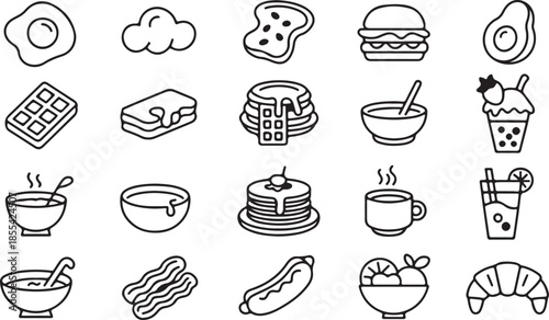 Minimalist black and white line art icon set featuring breakfast and food items, ideal for menus, apps, and culinary design projects