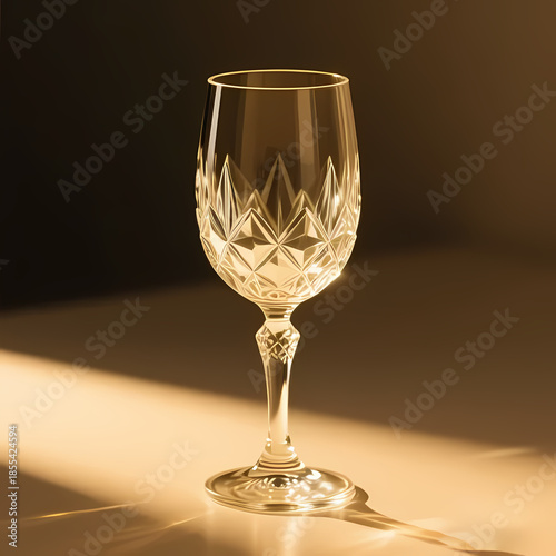 Crystal wine glass highlighted by soft gold light, professional photo style