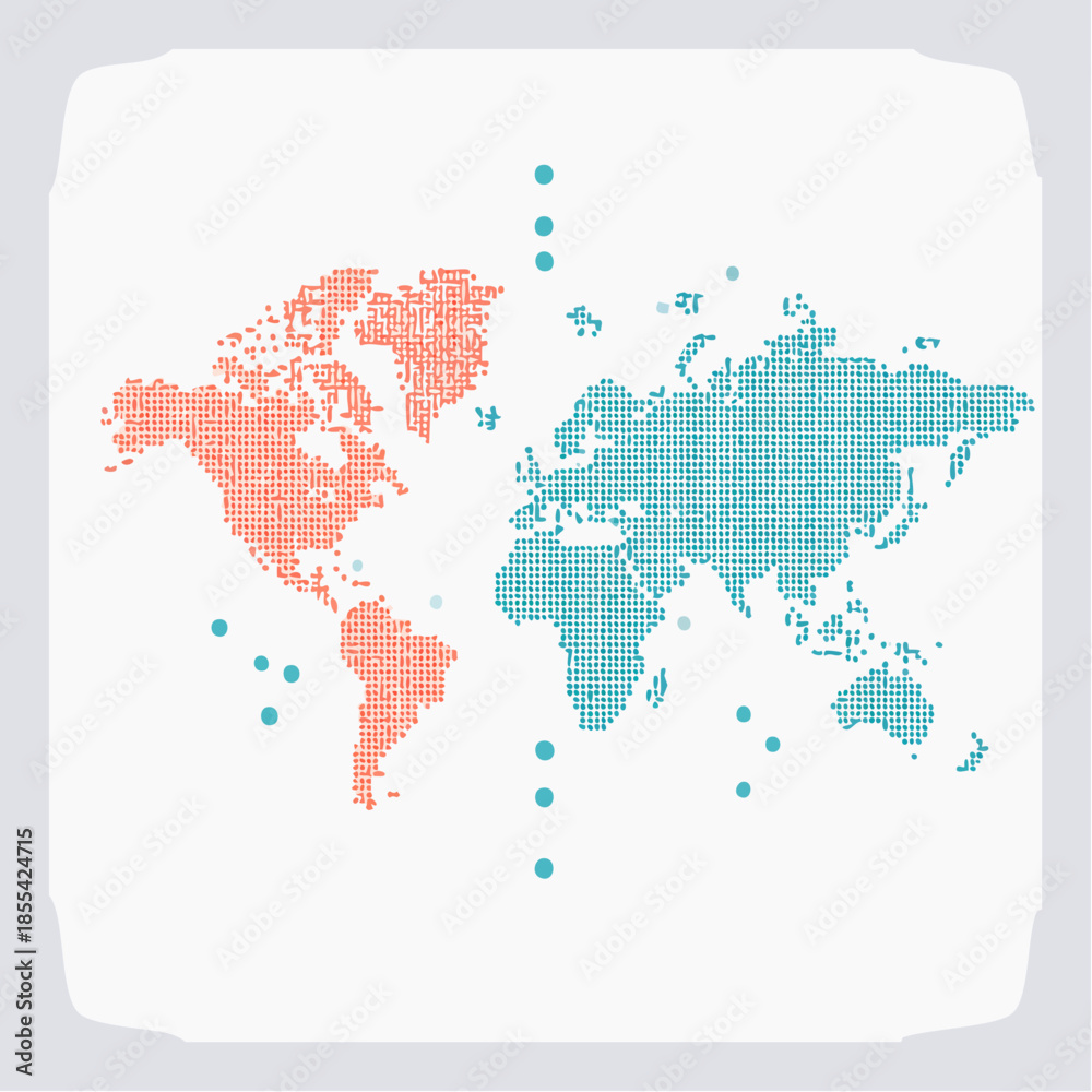 Fototapeta premium Illustration of a world map in a pixelated style with teal and orange dots on a white background with a light gray border.