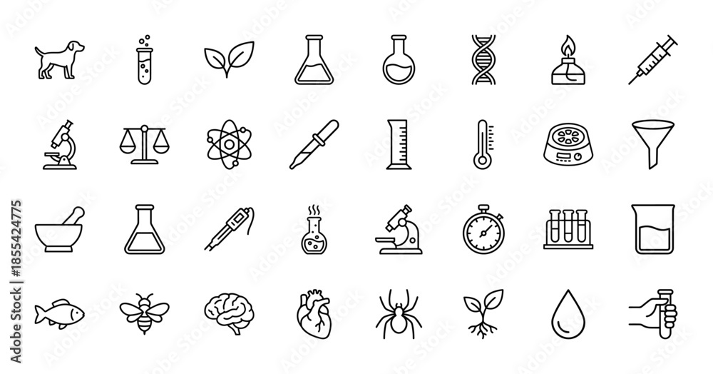 Naklejka premium Science and biology line icon set. Vector pictograms of microscope, DNA, flask, atom, syringe, beaker, brain, heart, bee, dog, and plant, thin outline illustration.