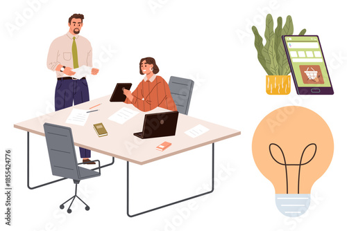 Two colleagues collaborate at a desk with laptops, documents, potted plant, smartphone, and light bulb representation. Ideal for teamwork, creativity, productivity, project management innovation