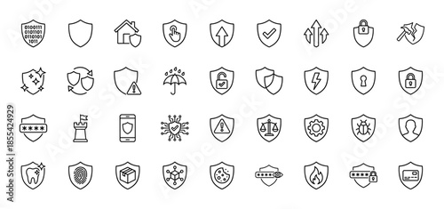 Security and protection line icon set. Vector pictograms of shield, password, lock, fingerprint, firewall, house, umbrella, and digital data, thin outline illustration.