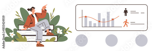 Young woman sitting on books next to greenery, contemplating charts with figures, trends, and graphs. Ideal for education, analytics, growth, sustainability research strategy success. Simple flat