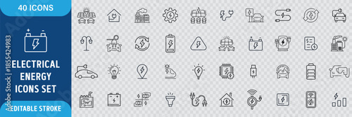 Electricity Line Icon Set. Electrical Energy, Power Supply, Voltage, Electric Current, Light Bulb, Renewable Energy, Power Grid, Electrical Equipment Icons. Editable Outline Stroke. Vector