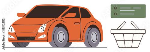 Orange car next to basket and checklist, highlighting themes of online shopping, delivery, errands, logistics, retail, e-commerce, and convenience for simple flat metaphor