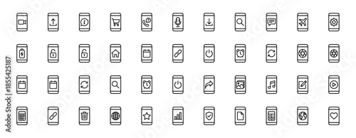 Smartphone mobile application line icon set. Vector pictograms of camera, battery, calendar, search, settings, and media player, black thin outline illustration.