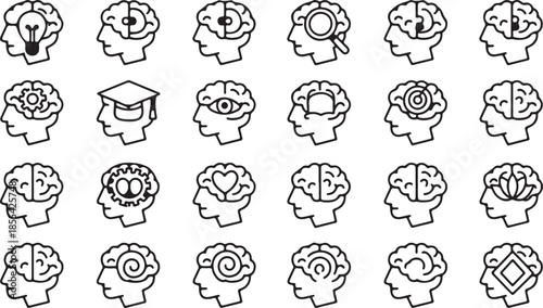 A comprehensive collection of black and white line art icons depicting various human brain functions and mental processes, symbolizing ideas, learning, and thought patterns