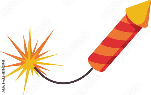 Cartoon firecracker rocket with burning fuse and spark explosion, festive celebration symbol, simple flat vector illustration isolated