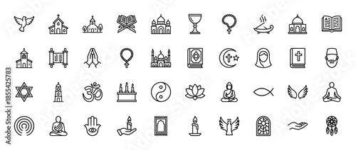 Religion and spirituality line icon set. Vector pictograms of mosque, church, buddha, om, hands, cross, beads, candle, and scripture, thin outline illustration.